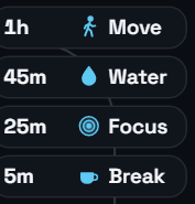 Quick timers, ready to go: Move, Water, Focus and Break.
